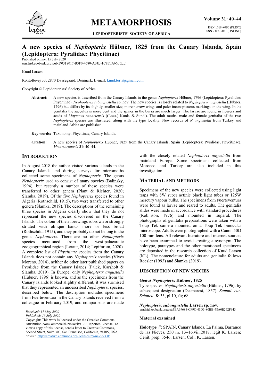 Metamorphosis Issn 1018–6490 (Print) Issn 2307–5031 (Online) Lepidopterists’ Society of Africa