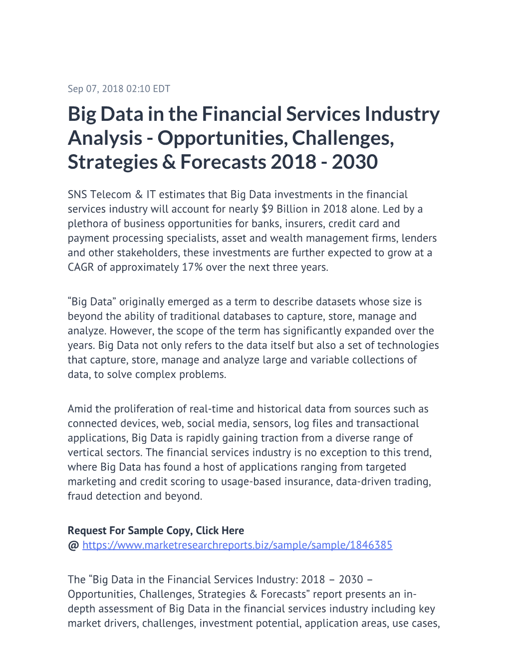 Big Data in the Financial Services Industry Analysis - Opportunities, Challenges, Strategies & Forecasts 2018 - 2030