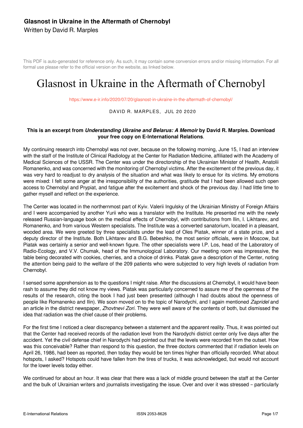 Glasnost in Ukraine in the Aftermath of Chernobyl Written by David R