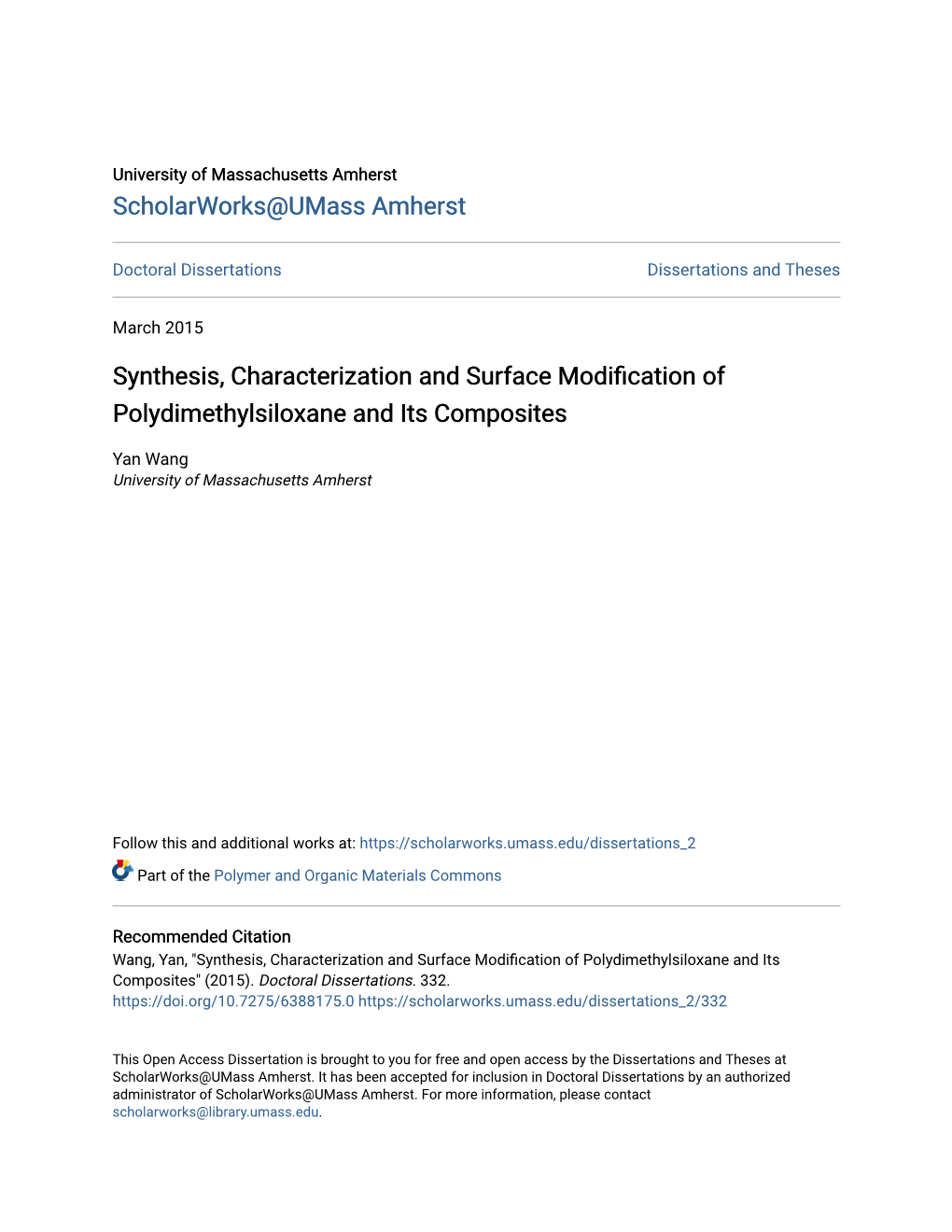 Synthesis, Characterization and Surface Modification of Polydimethylsiloxane and Its Composites