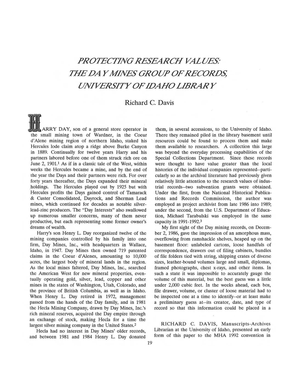 Protecting Research Values: the Day Mines Group of Record$ University of Idaho Library