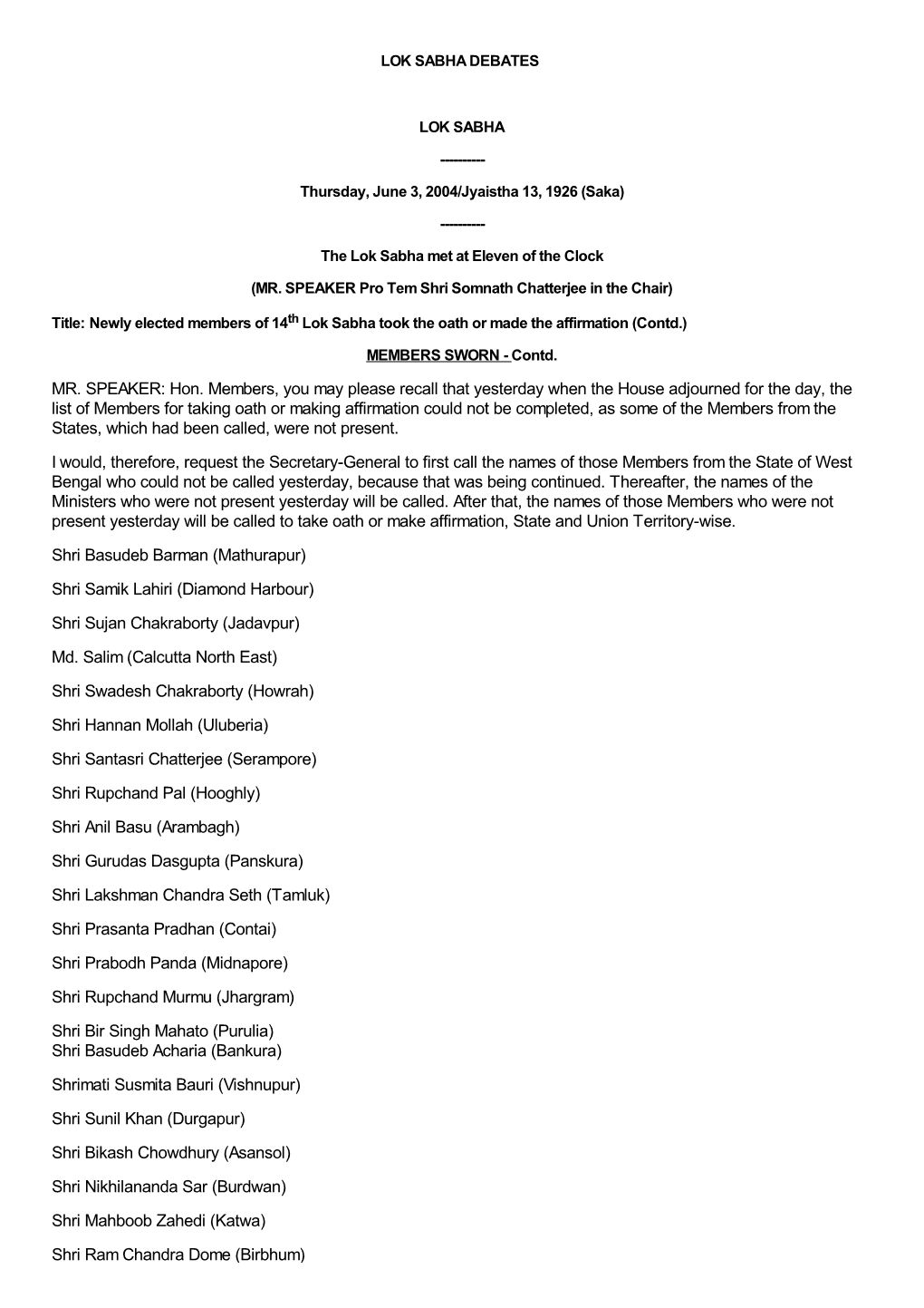 MR. SPEAKER: Hon. Members, You May Please Recall That Yesterday When the House Adjourned for the Day, the List of Members for Ta