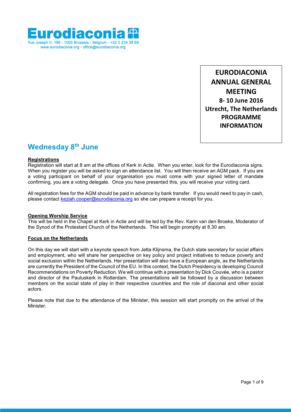Eurodiaconia AGM 2016 PROGRAMME INFORMATION