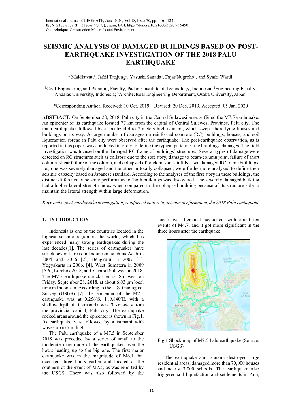 Seismic Analysis of Damaged Buildings Based on Post-Earthquake Investigation of the 2018 Palu Earthquake