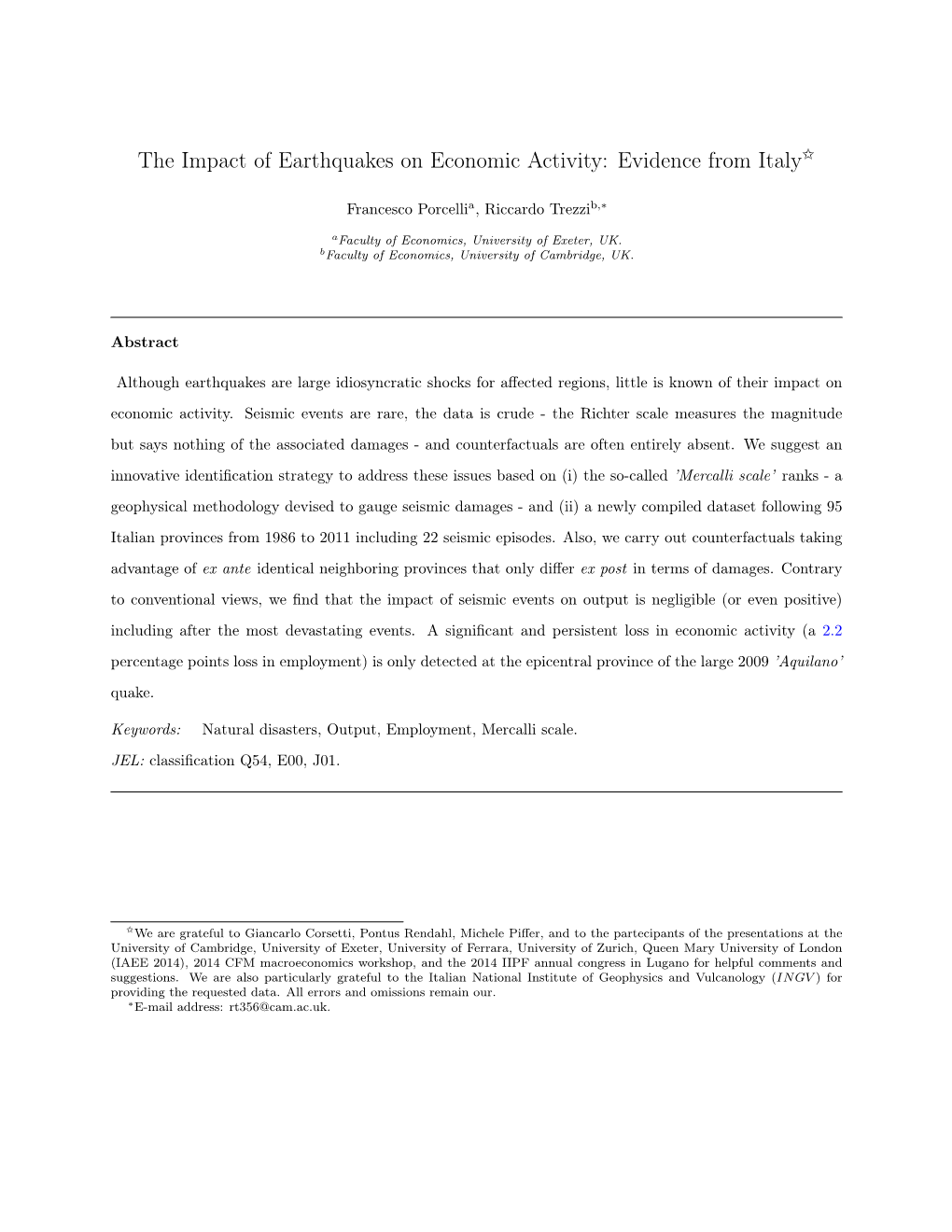 The Impact of Earthquakes on Economic Activity: Evidence from Italy$