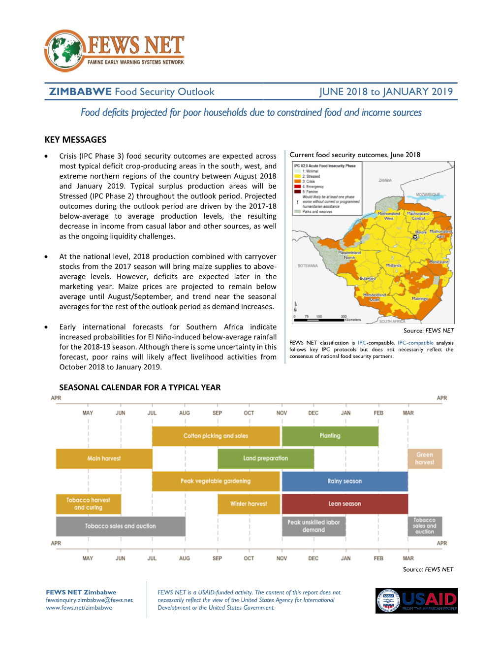 JUNE 2018 to JANUARY 2019 Food Deficits Projected for Poor Households Due to Constrained Food and Income Sources