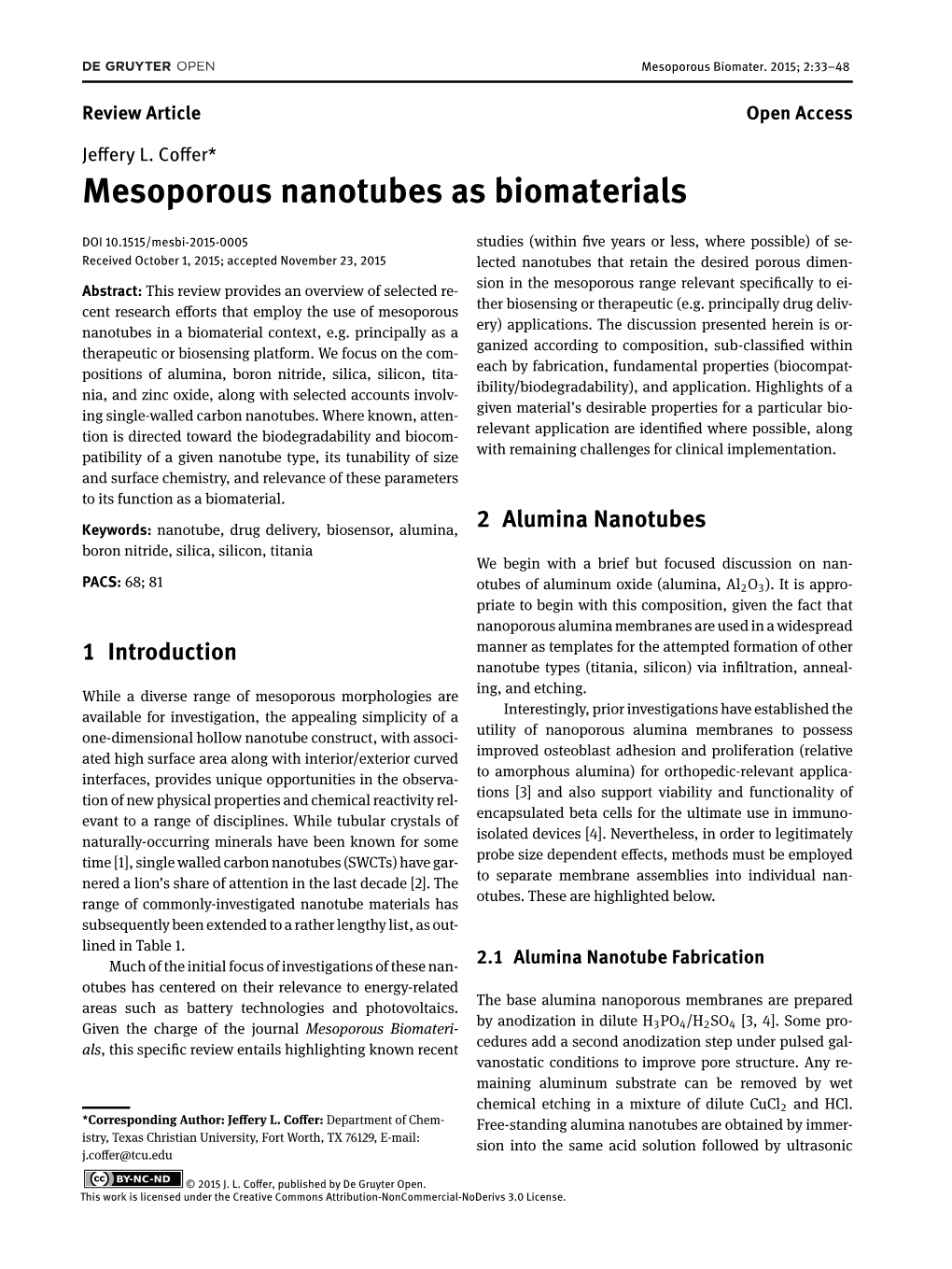 Mesoporous Nanotubes As Biomaterials