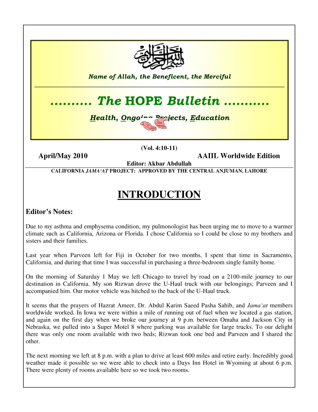 The HOPE Bulletin: April/May 2010 Bulletin —