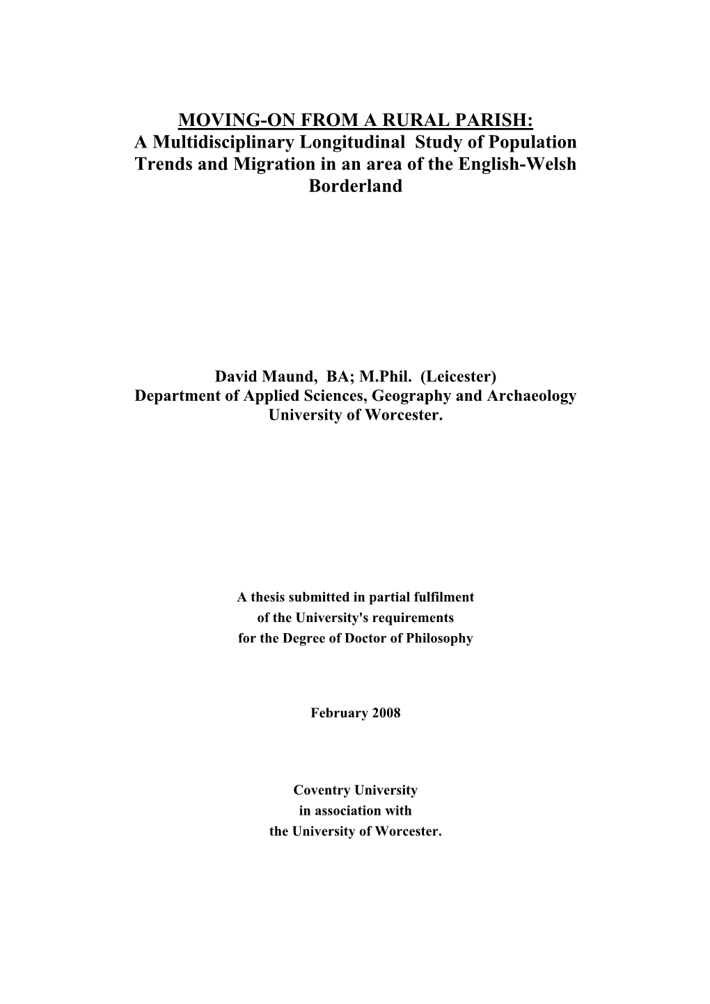 MOVING-ON from a RURAL PARISH: a Multidisciplinary Longitudinal Study of Population Trends and Migration in an Area of the English-Welsh Borderland