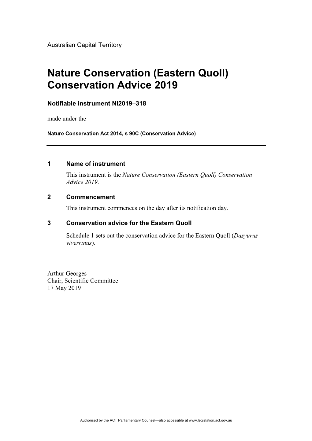 (Eastern Quoll) Conservation Advice 2019
