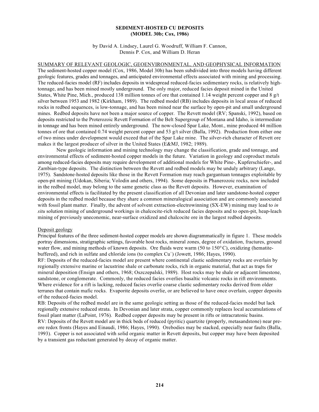 SEDIMENT-HOSTED CU DEPOSITS (MODEL 30B; Cox, 1986)