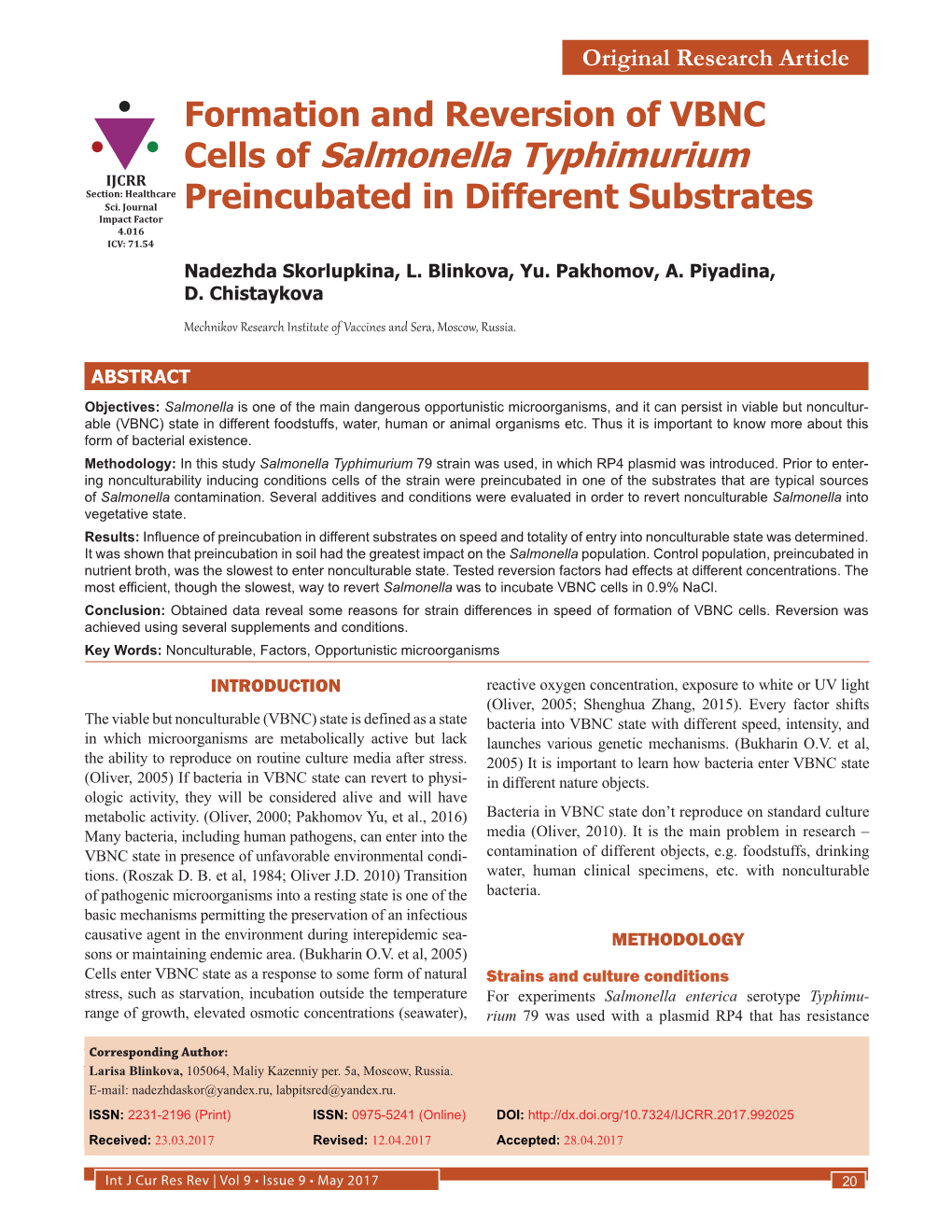 Cells of Salmonella Typhimurium IJCRR Section: Healthcare Sci