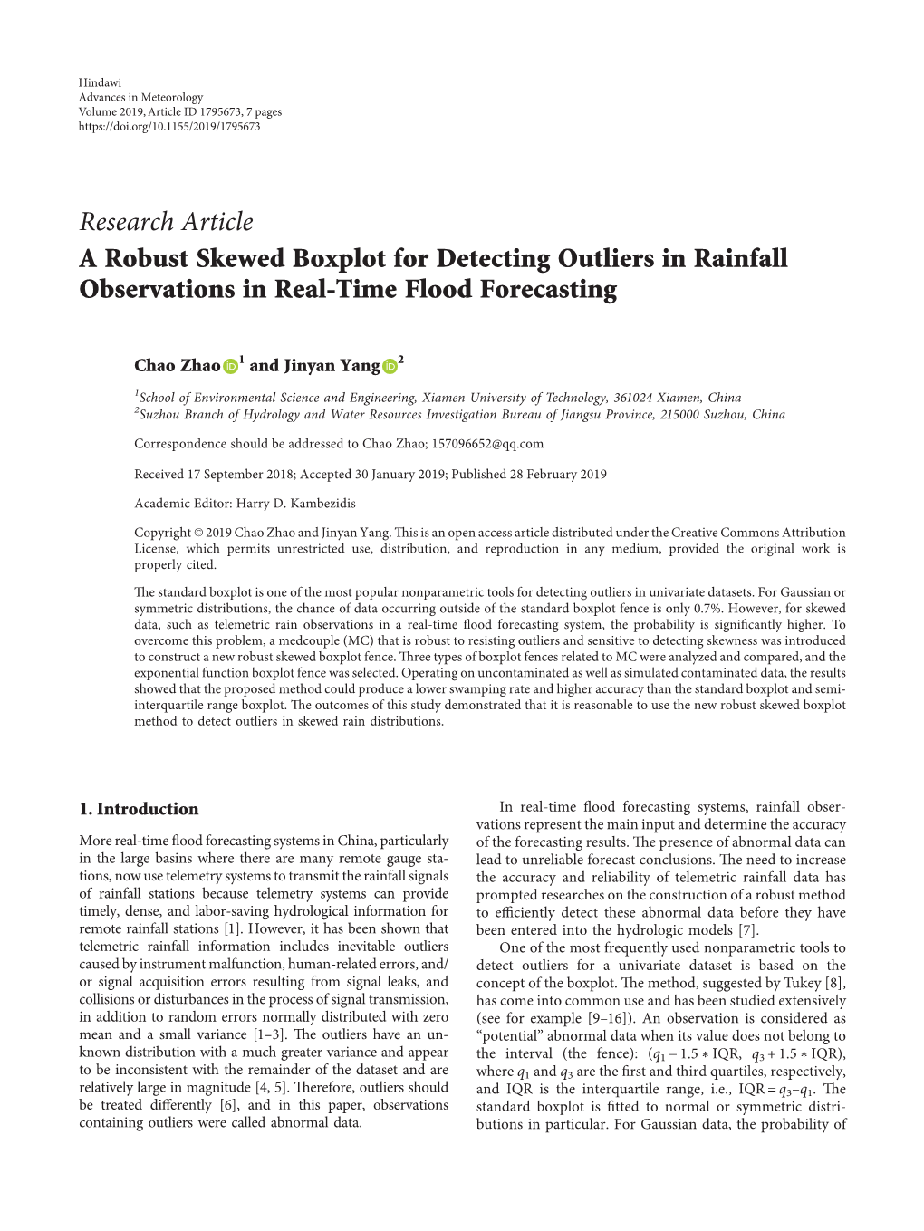 Research Article a Robust Skewed Boxplot for Detecting Outliers in Rainfall Observations in Real-Time Flood Forecasting