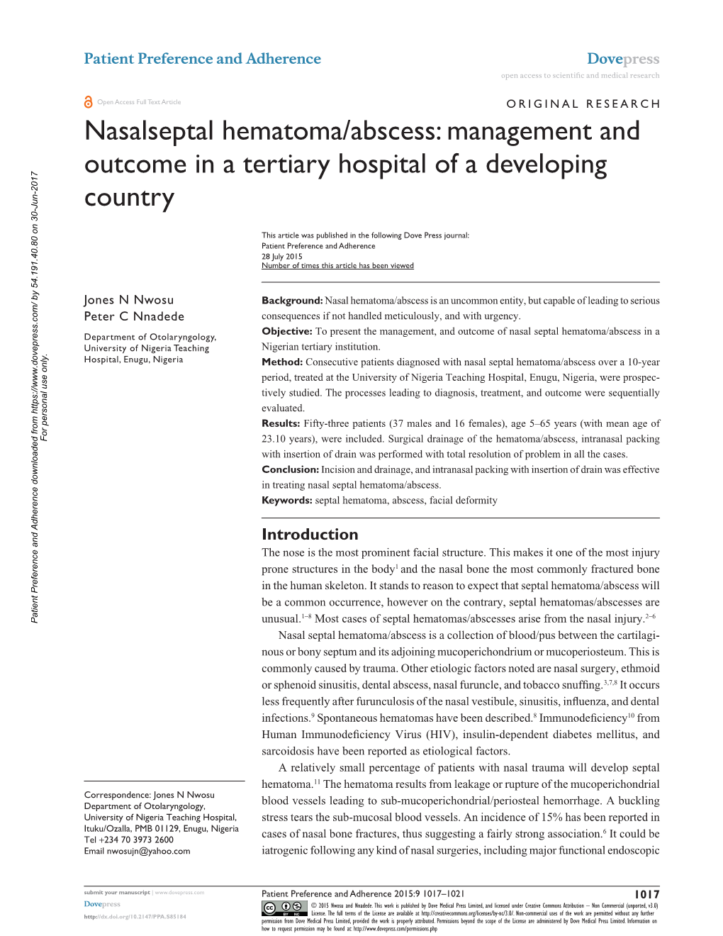 Nasalseptal Hematoma/Abscess: Management and Outcome in a Tertiary Hospital of a Developing Country