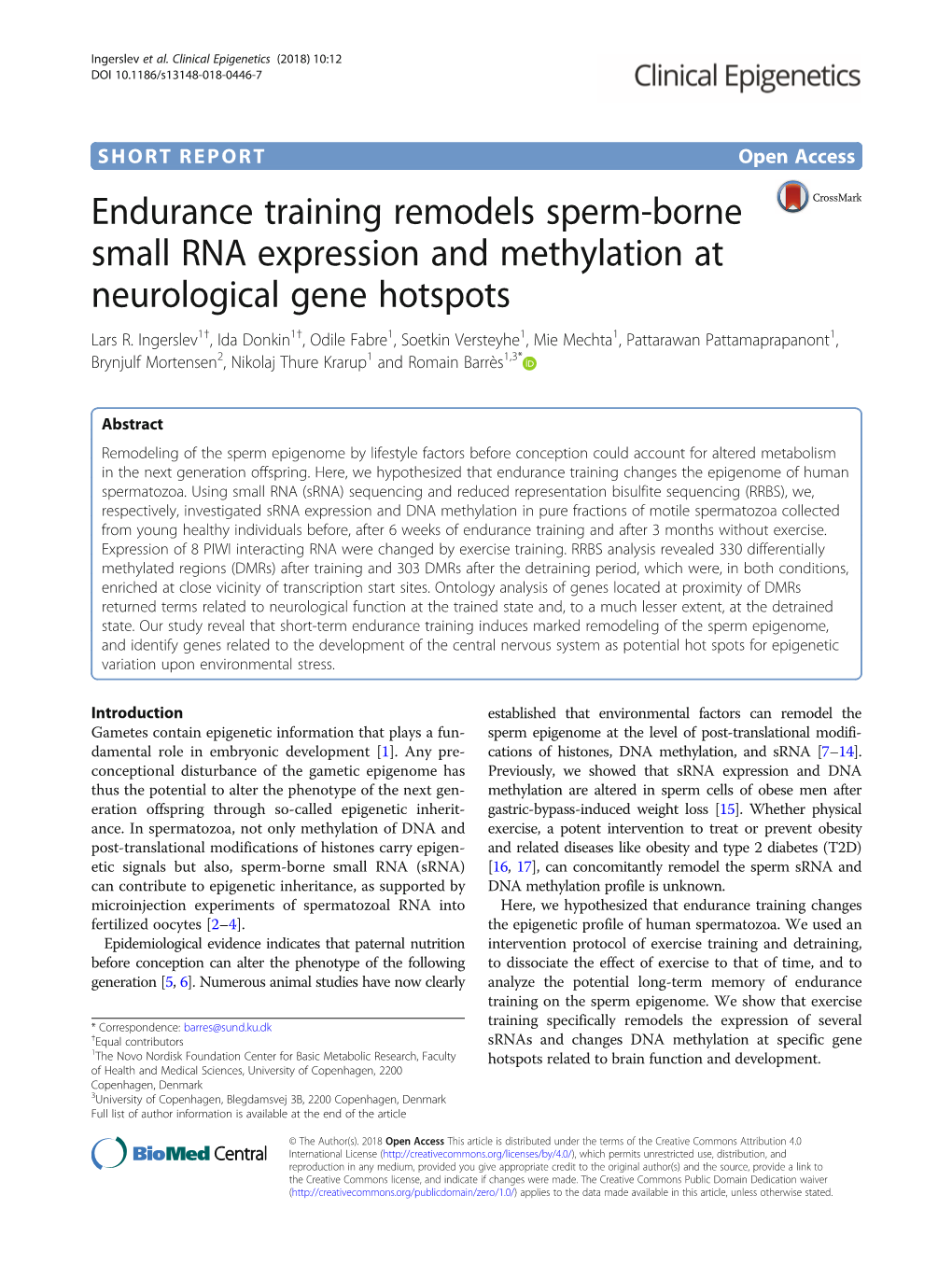 Endurance Training Remodels Sperm-Borne Small RNA Expression and Methylation at Neurological Gene Hotspots Lars R