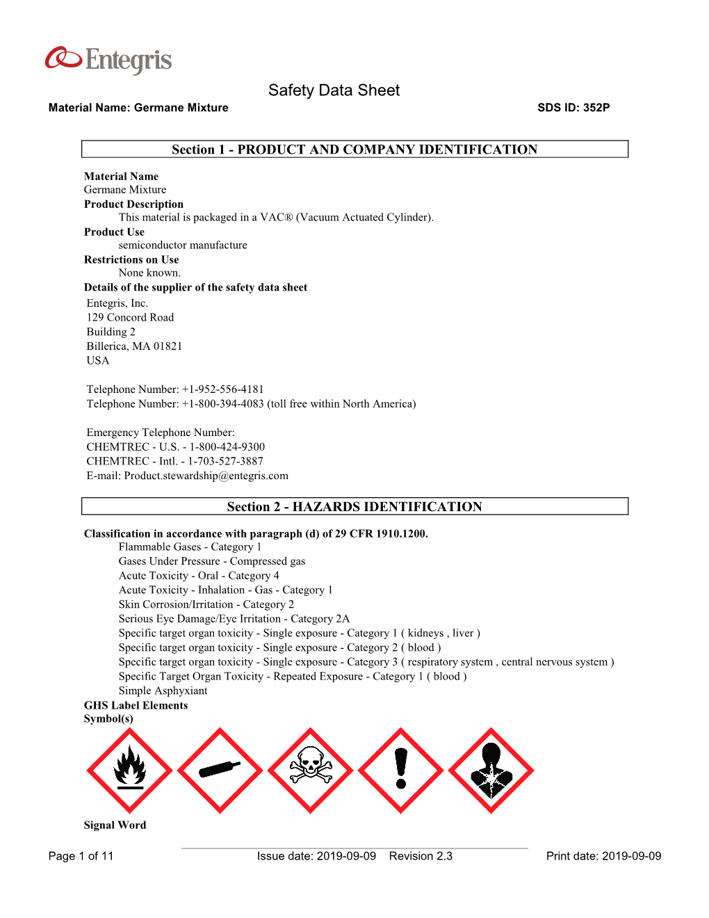 Safety Data Sheet Material Name: Germane Mixture SDS ID: 352P