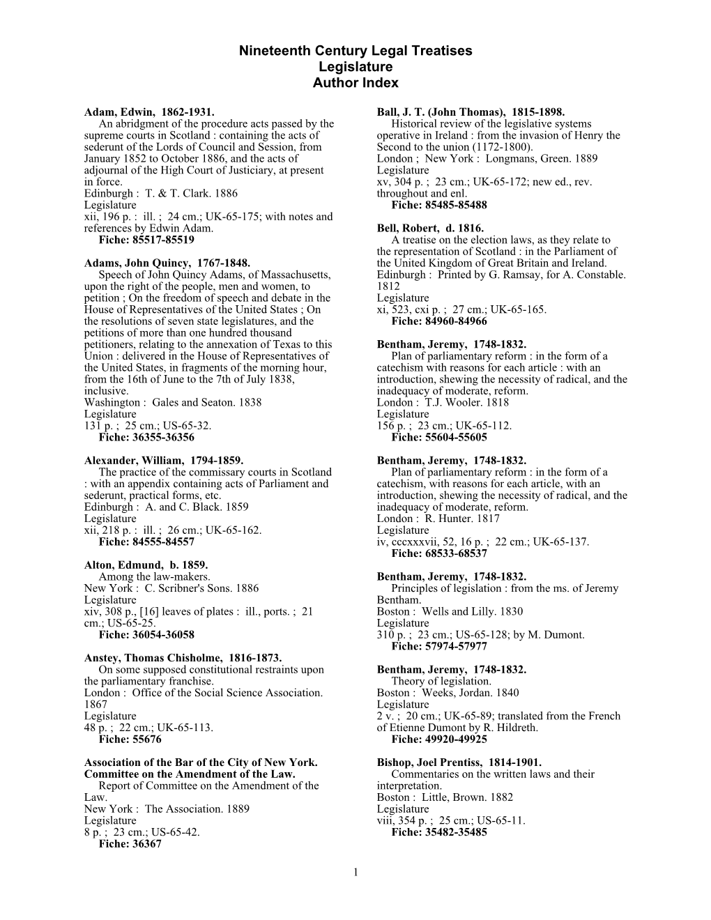 Nineteenth Century Legal Treatises Legislature Author Index