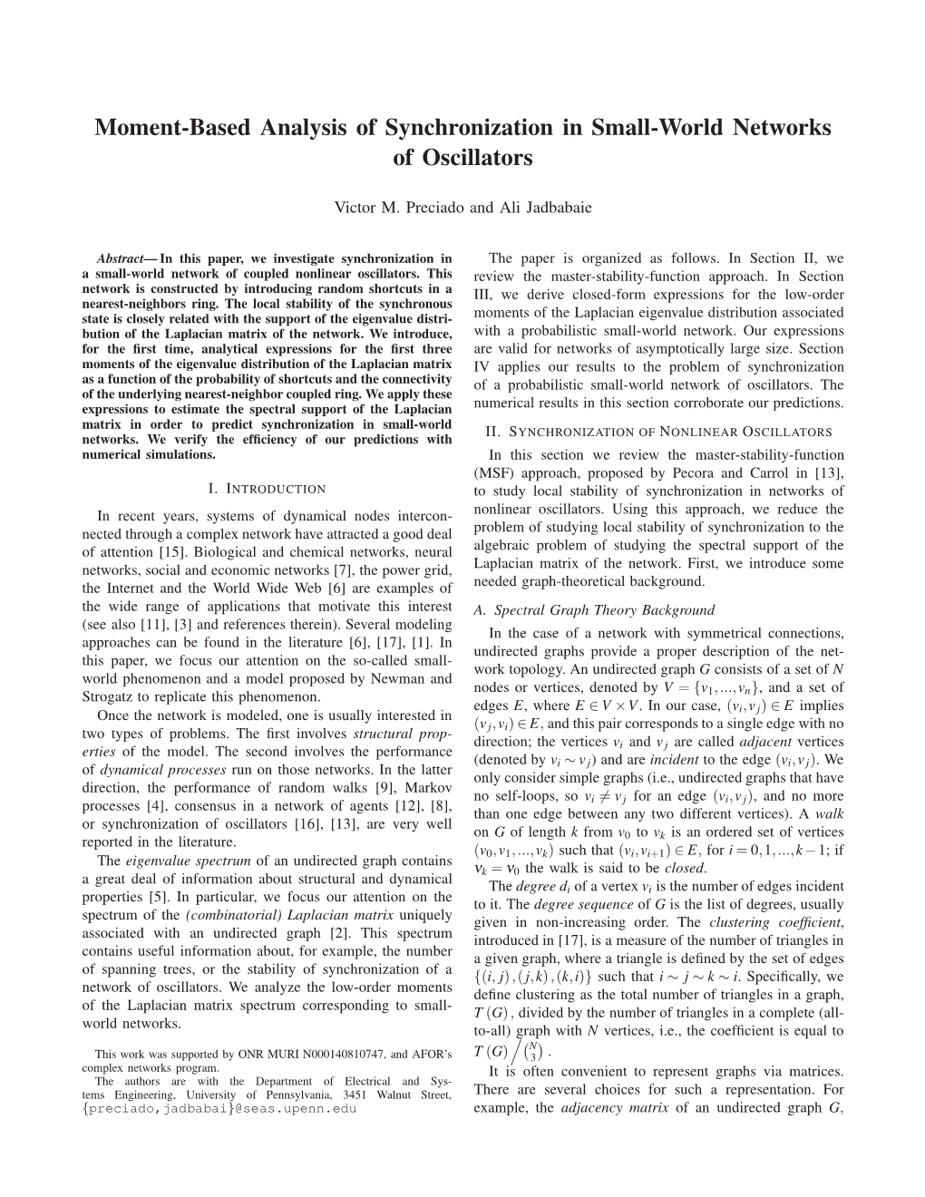 Moment-Based Analysis of Synchronization in Small-World Networks of Oscillators