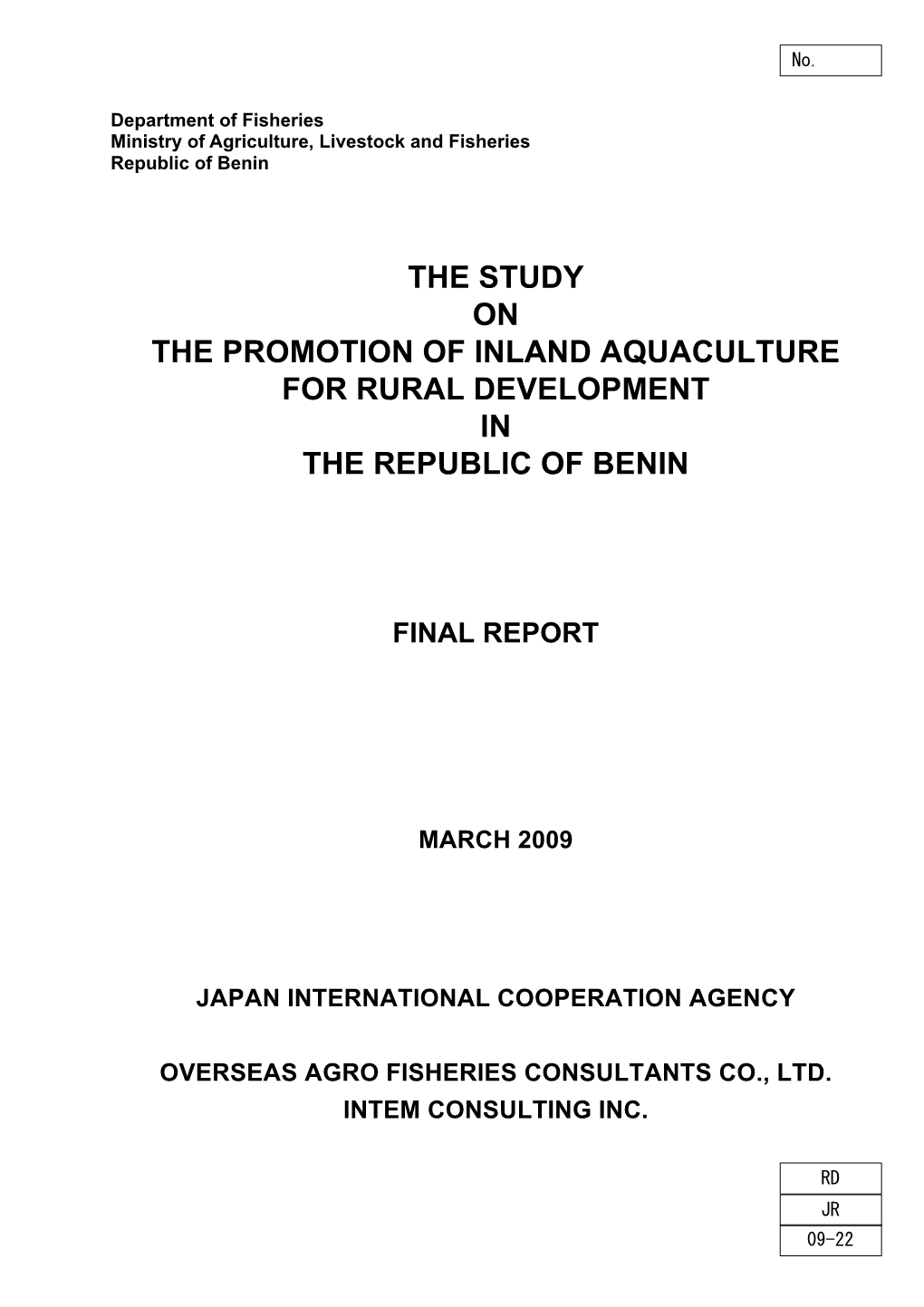 The Study on the Promotion of Inland Aquaculture for Rural Development in the Republic of Benin