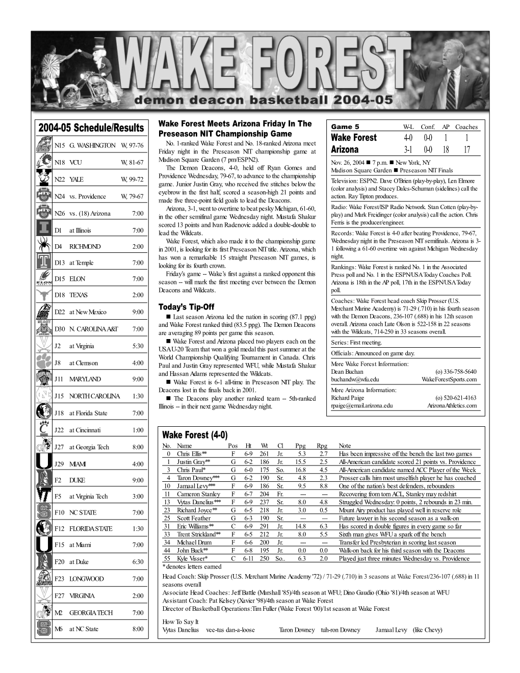 2004-05 Schedule/Results Wake Forest Meets Arizona Friday in the Game 5 W-L Conf