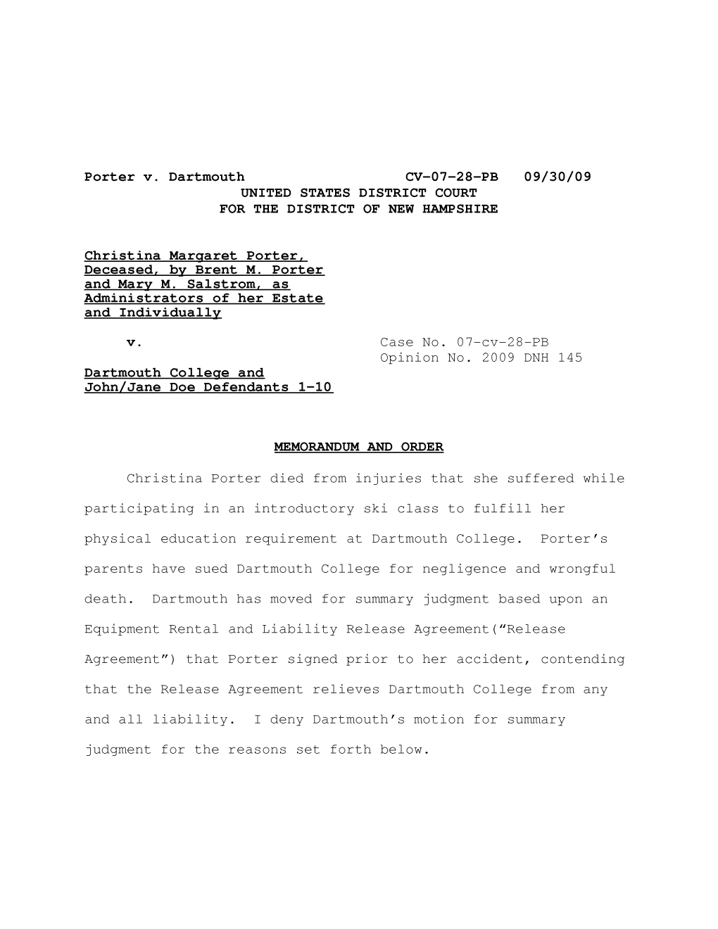 Porter V. Dartmouth CV-07-28-PB 09/30/09 UNITED STATES DISTRICT COURT for the DISTRICT of NEW HAMPSHIRE