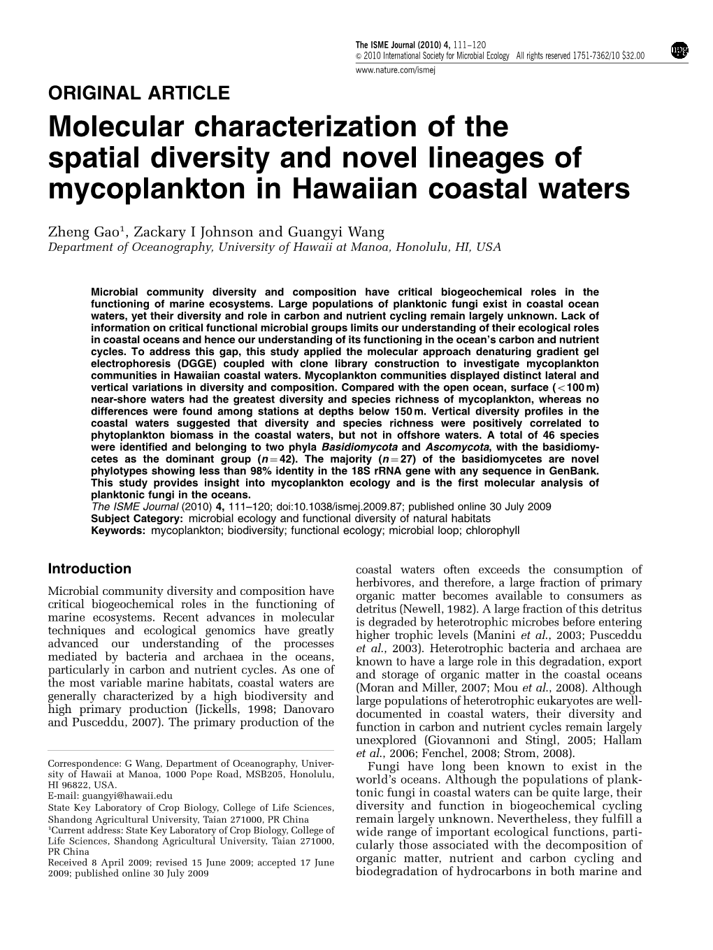 Molecular Characterization of the Spatial Diversity and Novel Lineages of Mycoplankton in Hawaiian Coastal Waters