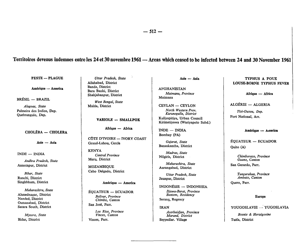 Areas Which Ceased to Be Infected Between 24 and 30 November 1961