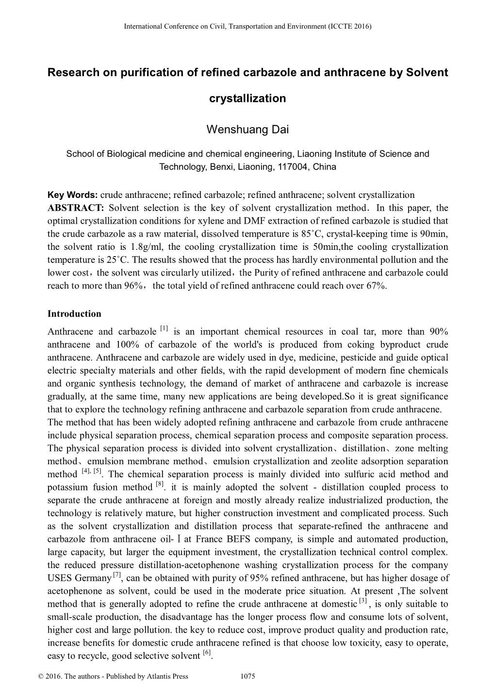 Research on Purification of Refined Carbazole and Anthracene by Solvent