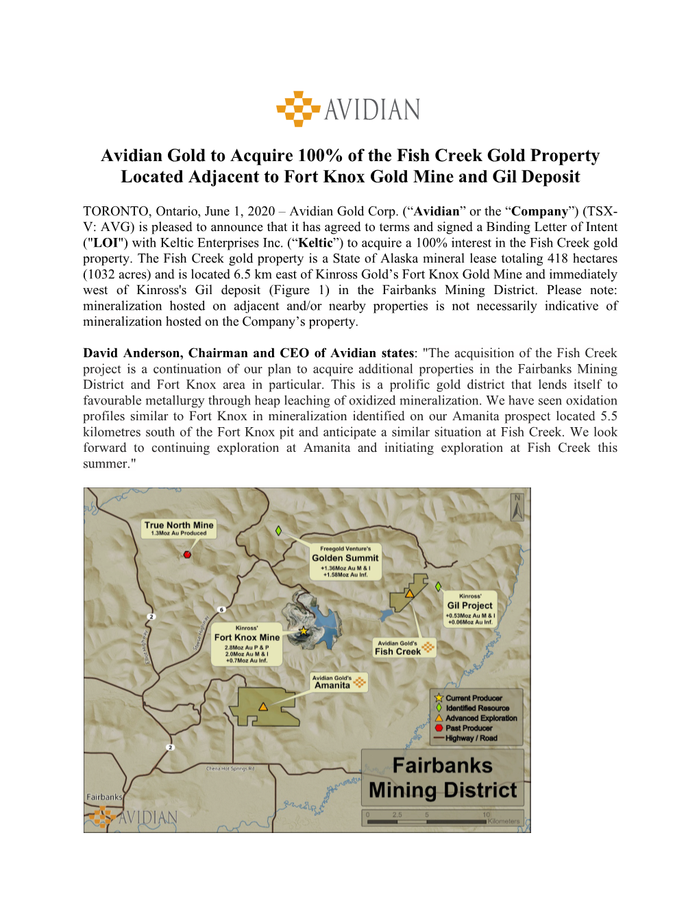 Avidian Gold Acquires the Fish Creek Property, Alaska