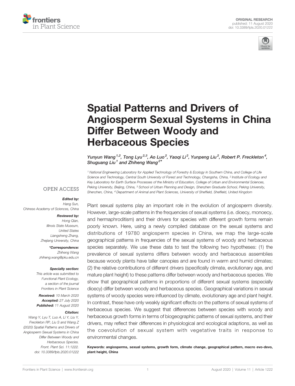 Spatial Patterns and Drivers of Angiosperm Sexual Systems in China Differ Between Woody and Herbaceous Species