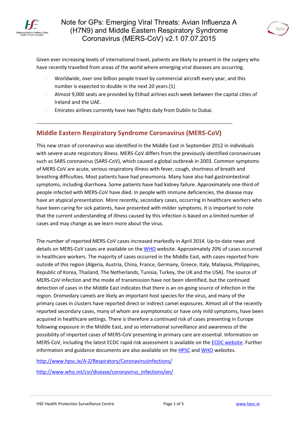 And Middle Eastern Respiratory Syndrome Coronavirus (MERS-Cov) V2.1 07.07.2015