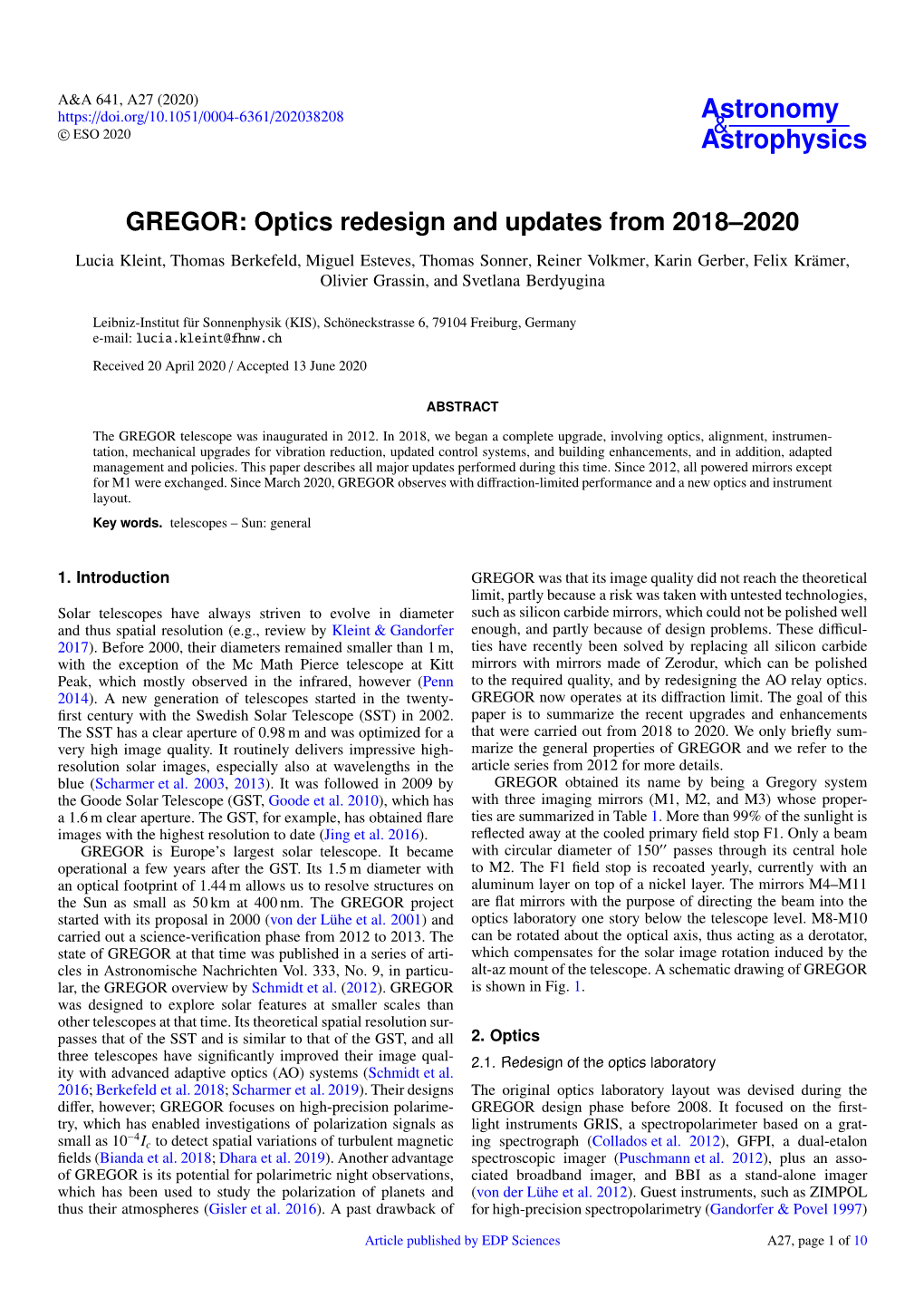 GREGOR: Optics Redesign and Updates from 2018–2020