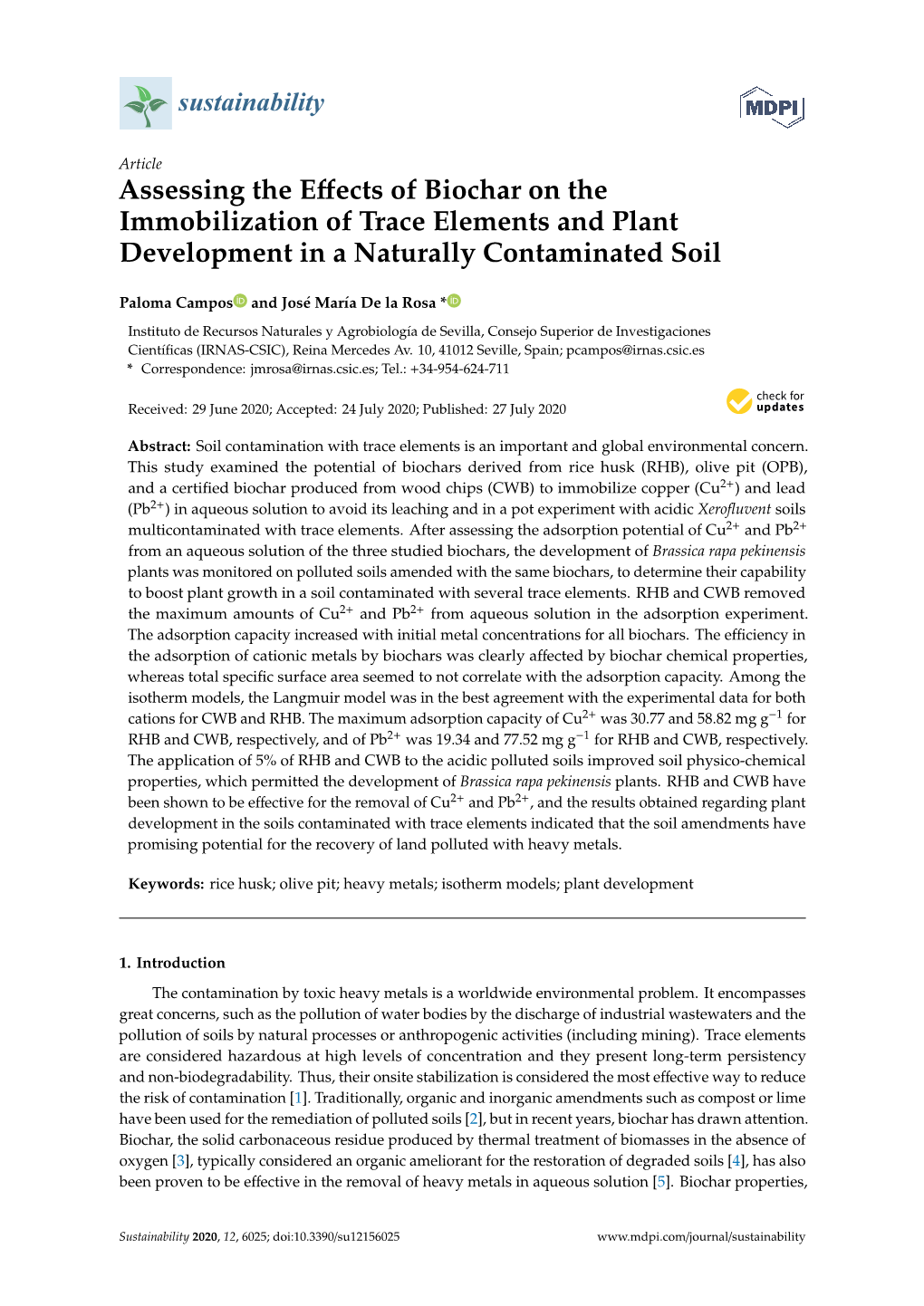 Assessing the Effects of Biochar on the Immobilization of Trace