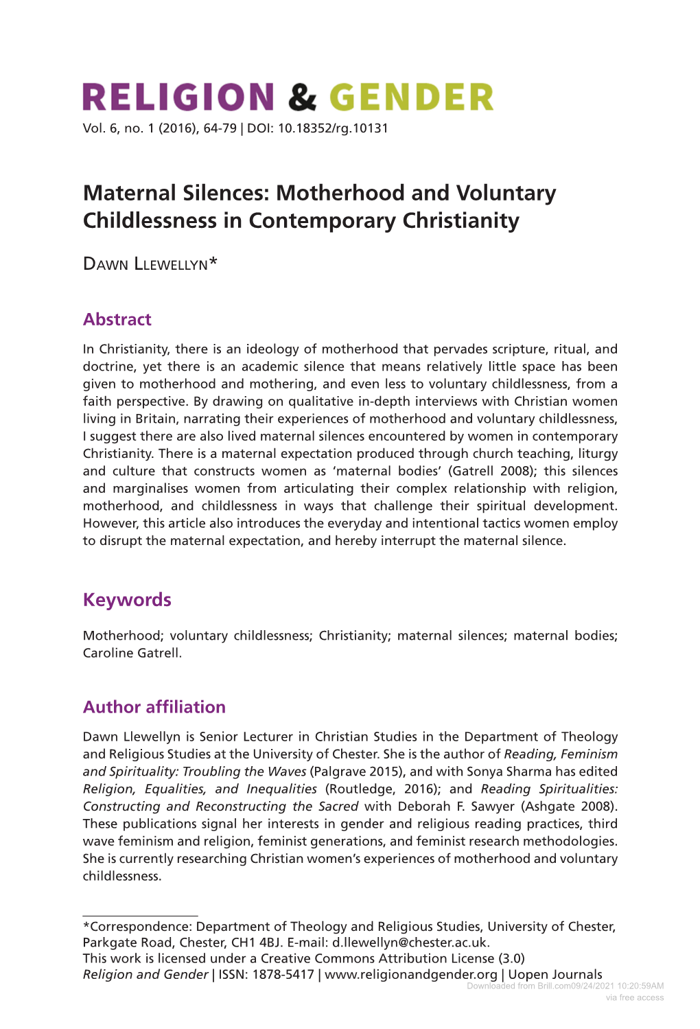 Motherhood and Voluntary Childlessness in Contemporary Christianity