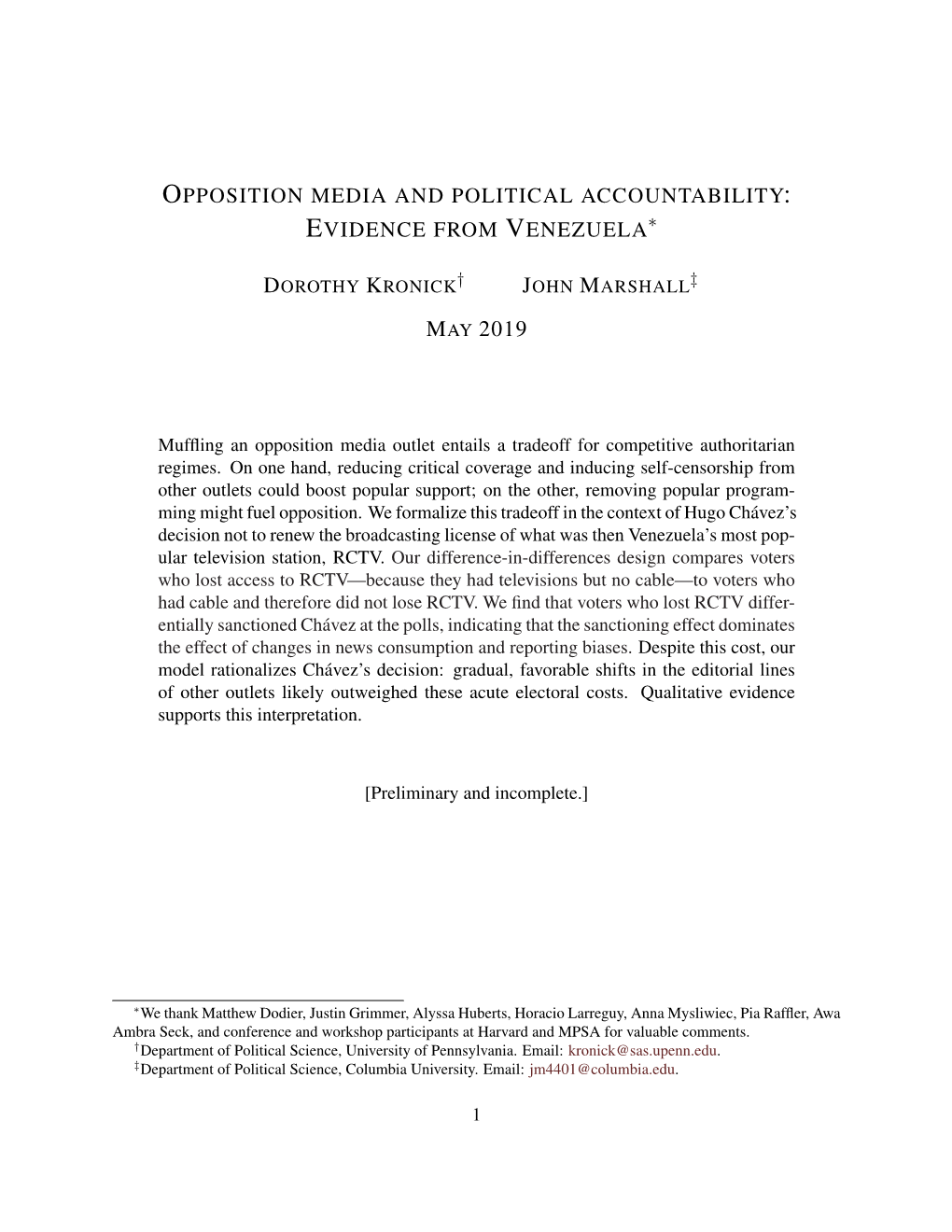 Opposition Media and Political Accountability: Evidence from Venezuela