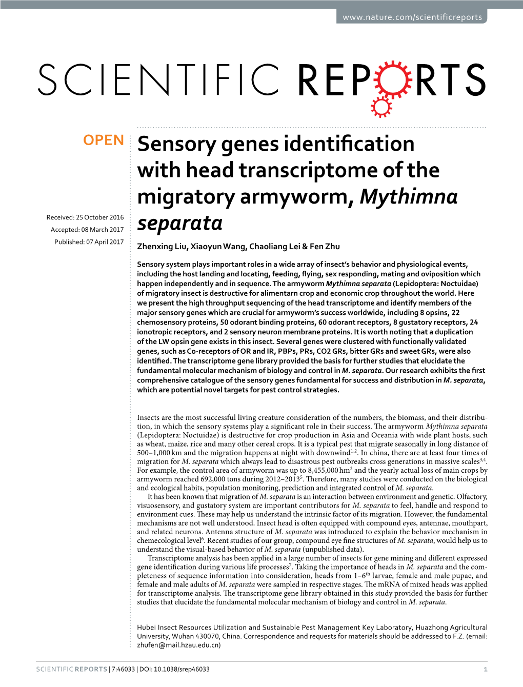 Sensory Genes Identification with Head Transcriptome of the Migratory