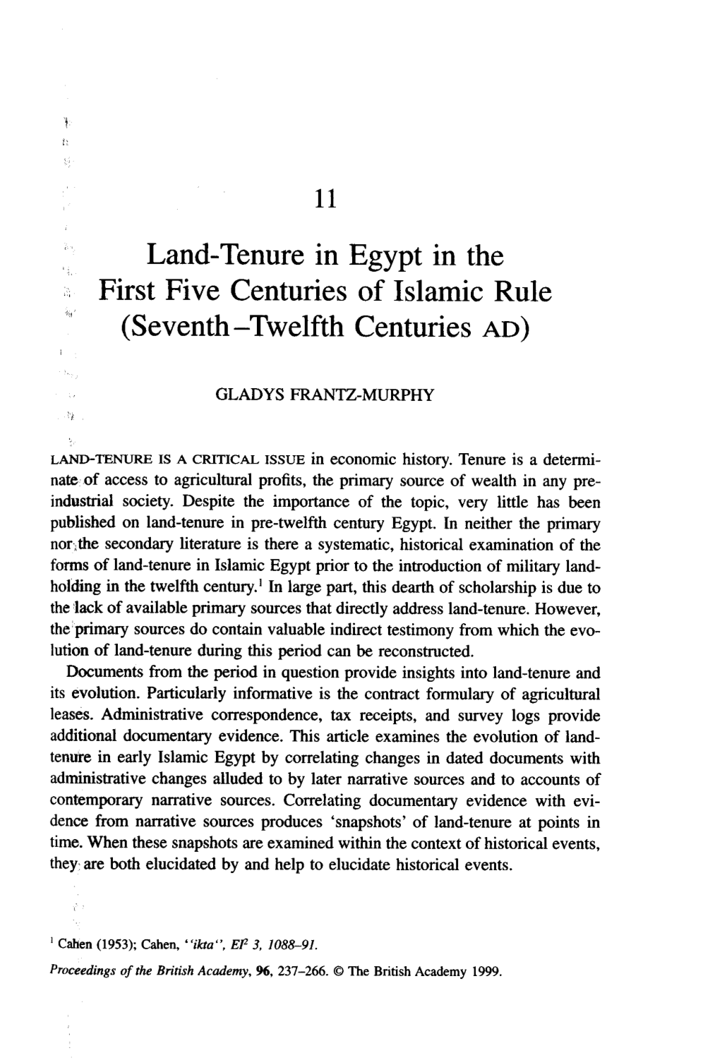 Land-Tenure in Egypt in the First Five Centuries of Islamic Rule I, (Seventh -Twelfth Centuries AD)