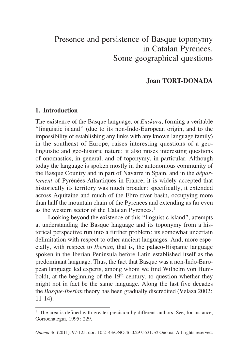 Presence and Persistence of Basque Toponymy in Catalan Pyrenees