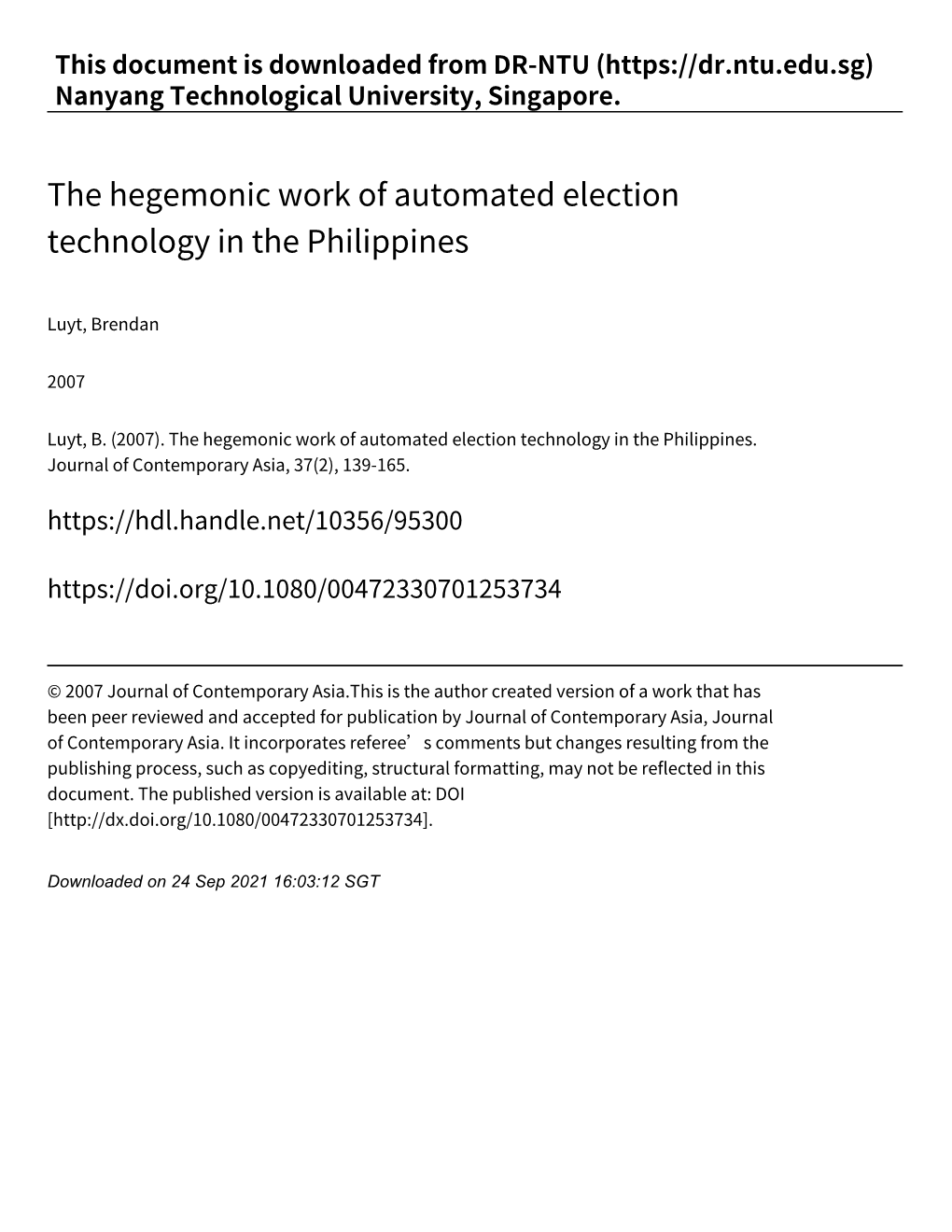 The Hegemonic Work of Automated Election Technology in the Philippines