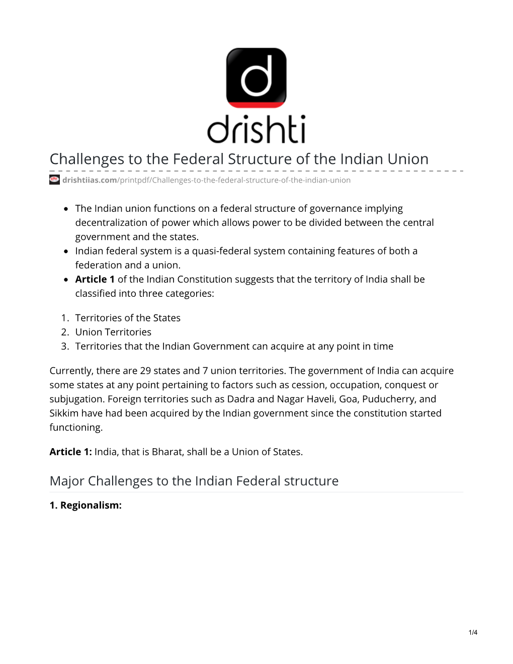 Challenges to the Federal Structure of the Indian Union