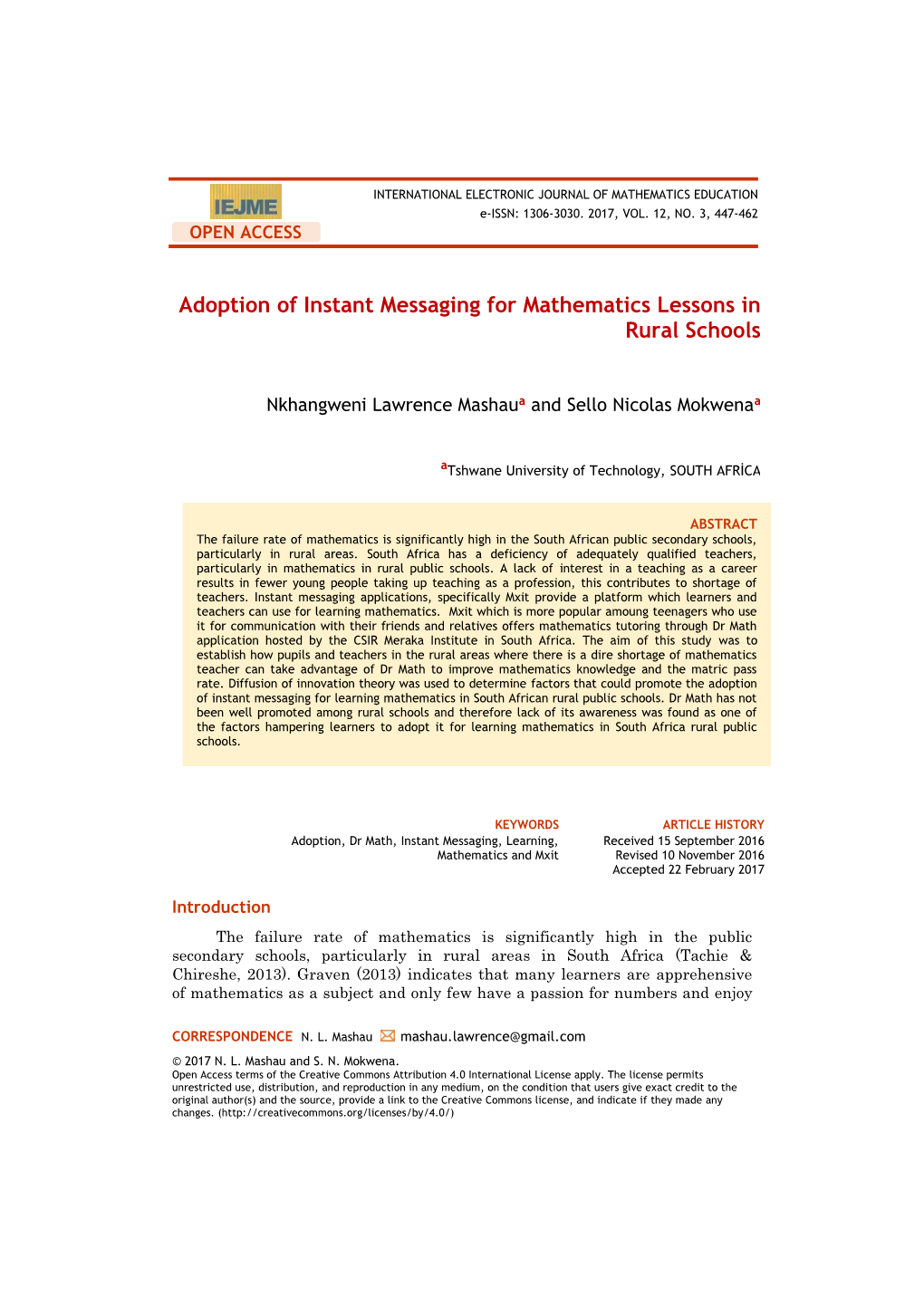 Adoption of Instant Messaging for Mathematics Lessons in Rural Schools