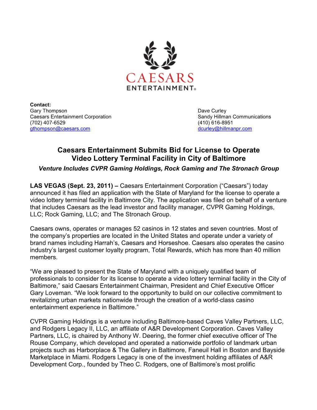 Caesars Entertainment Submits Bid for License to Operate Video Lottery Terminal Facility in City of Baltimore