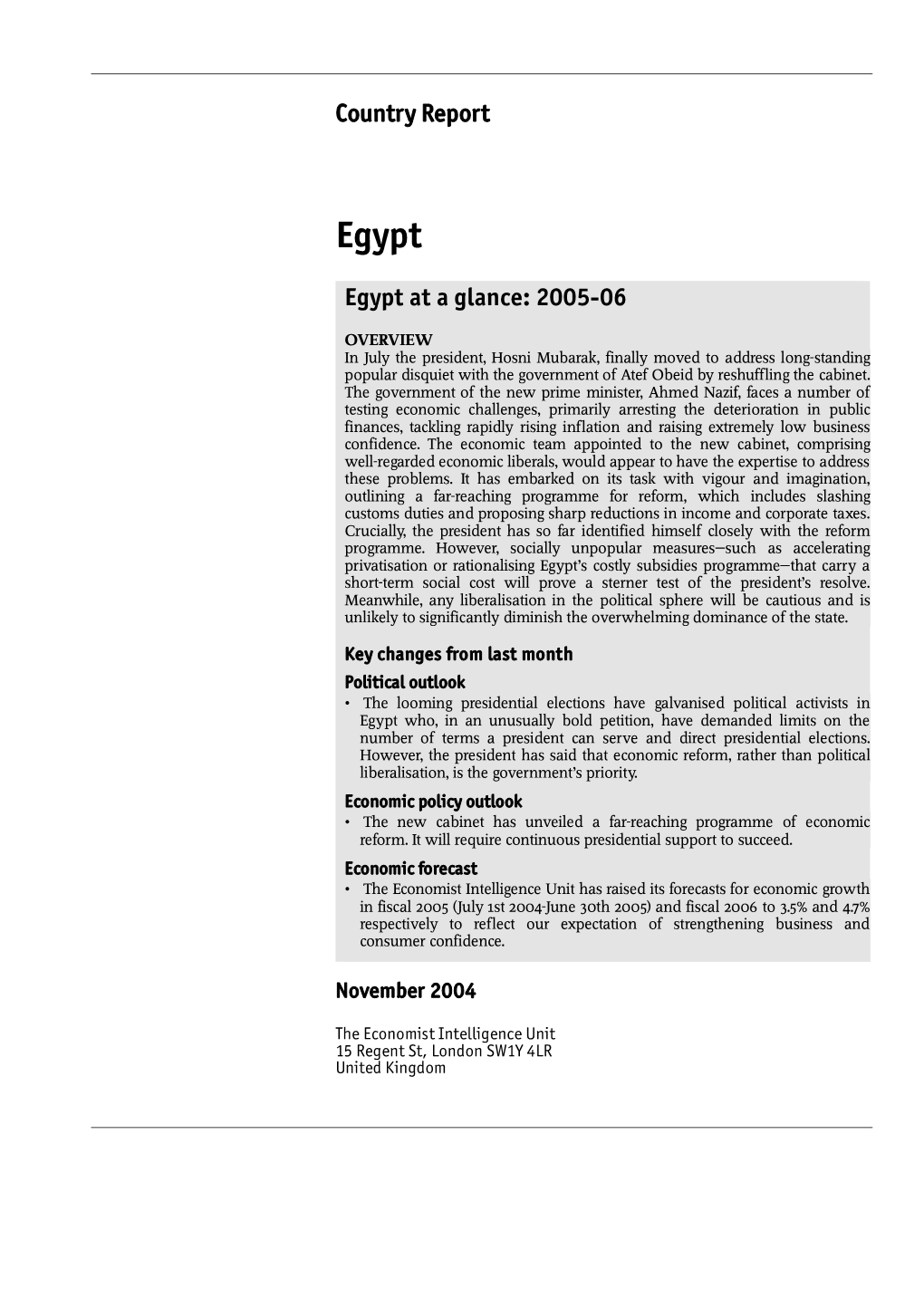 Country Report Egypt at a Glance: 2005-06