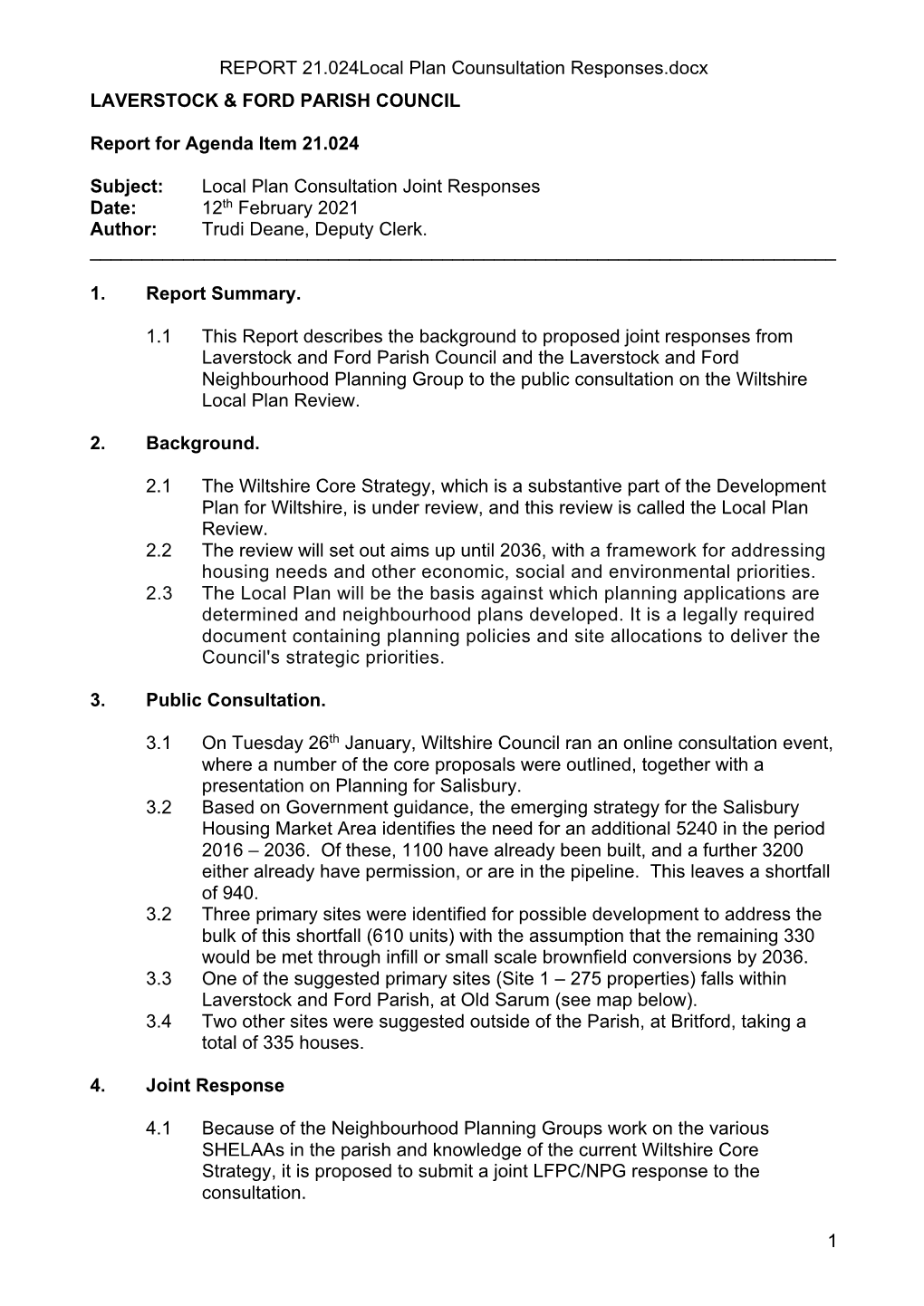 REPORT 21.024Local Plan Counsultation Responses.Docx LAVERSTOCK & FORD PARISH COUNCIL