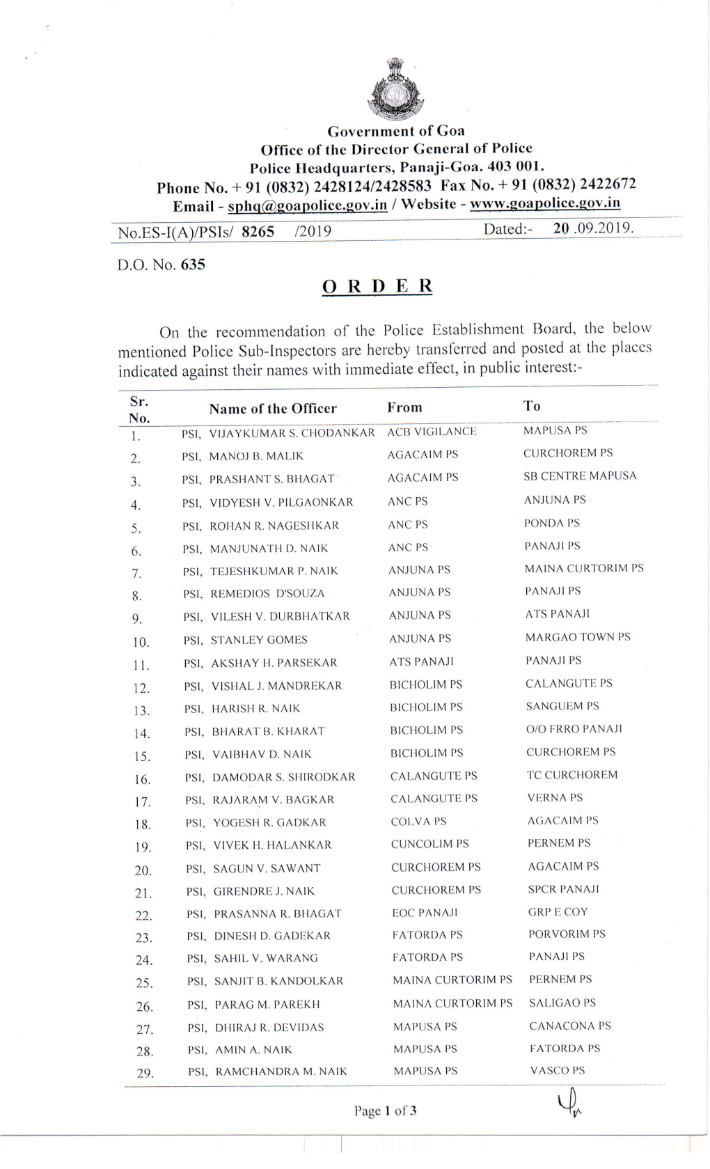 Goa Police Transfer Order of PSI's 20Sep2019