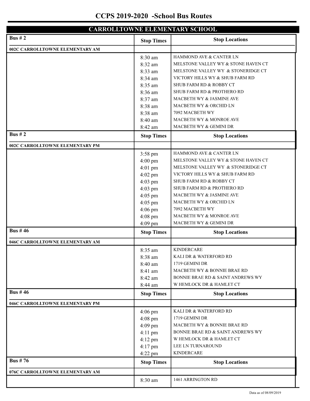 CCPS 2019-2020 Bus Routes