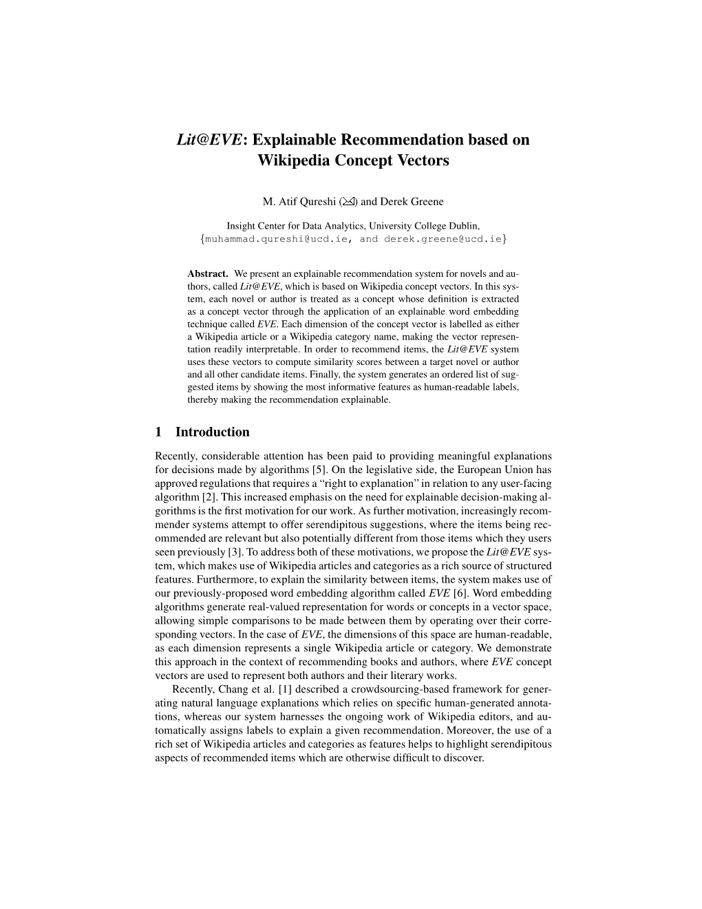 Lit@EVE: Explainable Recommendation Based on Wikipedia Concept Vectors