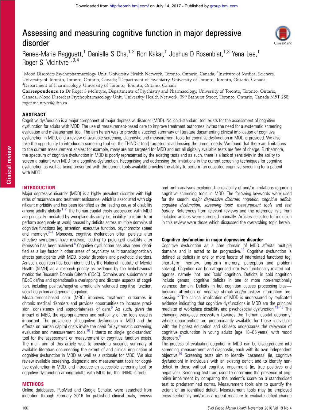 Assessing and Measuring Cognitive Function in Major Depressive Disorder