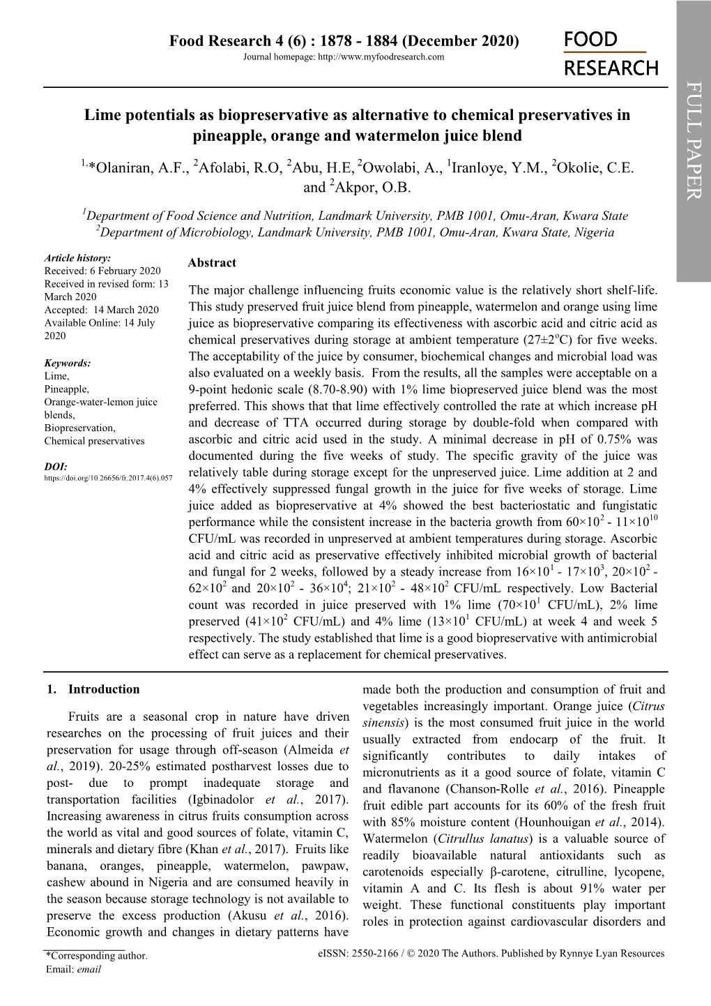 Lime Potentials As Biopreservative As Alternative to Chemical Preservatives in Pineapple, Orange and Watermelon Juice Blend