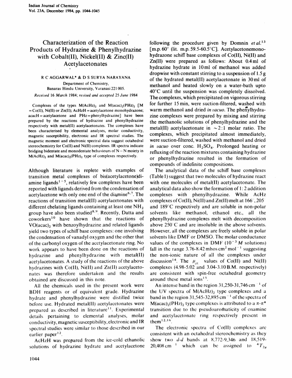 Characterization of the Reaction Products of Hydrazine & Phenylhydrazine with Coba1t(II)